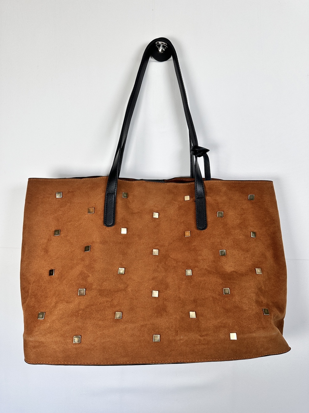 Faux Suede Leather Studded Tote Bag Tan Large